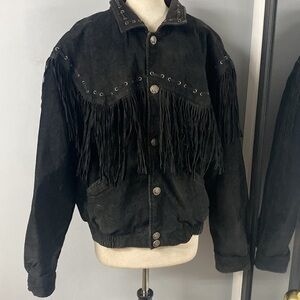 VNTG WILSON BLACK FRINGE WESTERN LEATHER JACKET W/SILVER INDIAN HEAD SNAP BUTTON